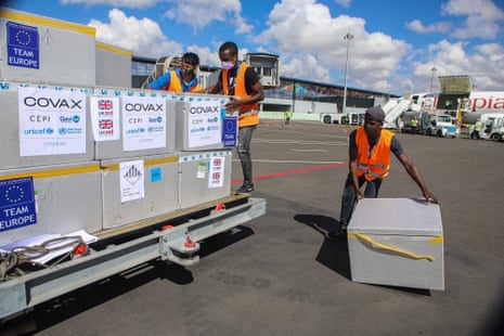 Workers unload boxes of Oxford/AstraZeneca Covid-19 vaccines after they arrived by plane at the Ivato international airport in Antananarivo, Madagascar.