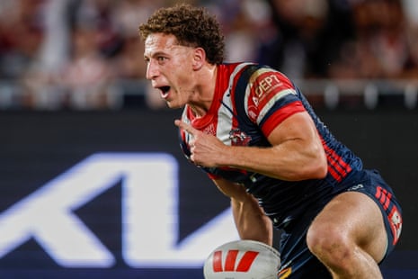 Mark Nawaqanitawase celebrates scoring the first try for the Roosters