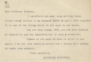Letter from Katherine Mansfield to Princess Elizabeth Asquith Bibesco (March 1921).