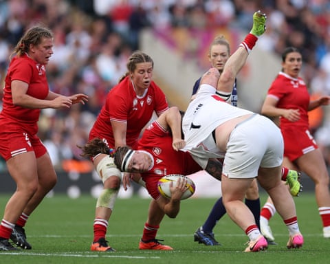 Hannah Botterman makes an illegal tackle on Canada’s Karen Paquin