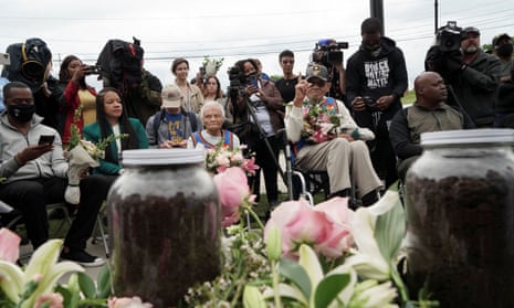 Survivors and siblings Viola Fletcher and Hughes Van Ellis attend the soil dedication at Stone Hill on the 100-year anniversary of the 1921 Tulsa massacre in Tulsa, Oklahoma, on Monday.