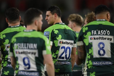 Juan Martin González of London Irish takes part in the lap of honour at the end of the Premiership match against Northampton Saints at the Gtech Community Stadium on March