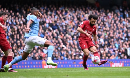 Mohamed Salah fires home against Manchester City to give Liverpool the lead.