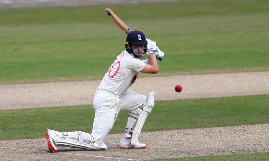 Ollie Pope batting against the West Indies during his 91 innings in Test 3 at Old Trafford in July 2020