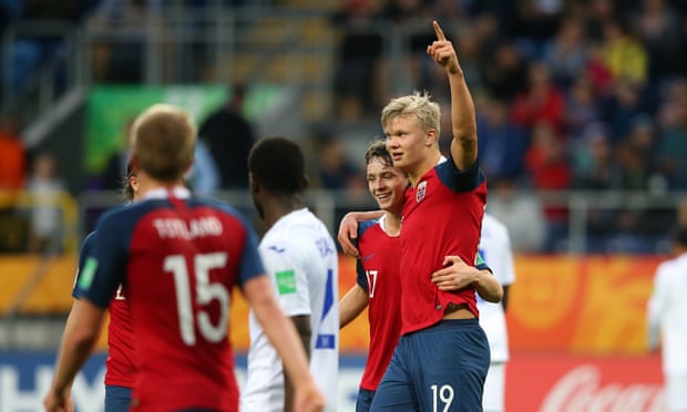 Erling Braut Haaland celebrates one of his nine goals against Honduras at the Under-20 World Cup in May.