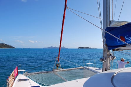 Sunsail catamaran “Melissa” sailing Whitehaven beach in the Whitsunday Islands, Queensland