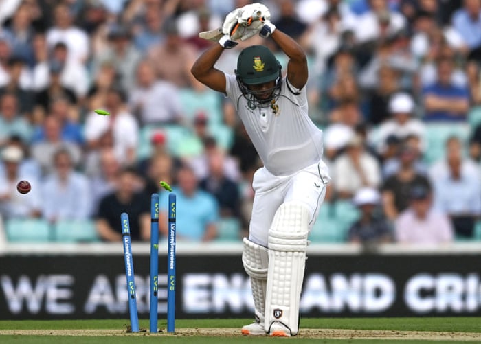 The stumps and bails of South Africa’s Keegan Petersen go flying after he left a delivery by Ollie Robinson.