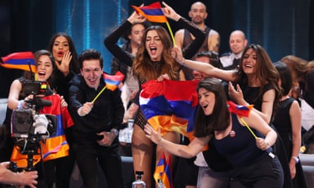 Singer Iveta Mukuchyan representing Armenia with the Karabakh flag after performing in the first semi-final of the Eurovision Song Contest.