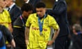 Jadon Sancho cuts a dejected figure as he collects his Champions League runners-up medal