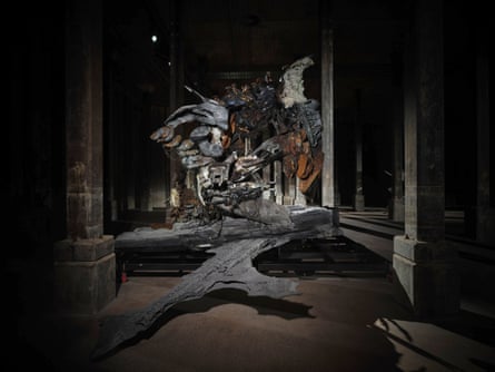 Alien-esque art installation in a darkened gallery room