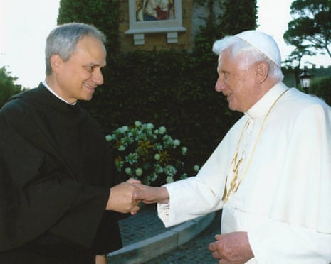 An undated picture of Robert Prevost, now Pope Leo XIV, with Pope Benedict XVI (2005-13).