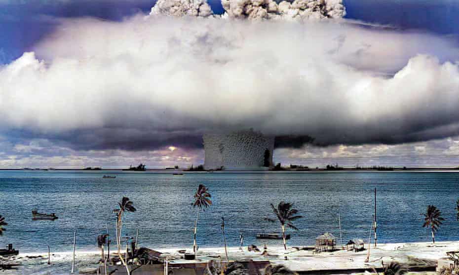 A digitally altered image of a US nuclear weapon test at Bikini Atoll, July 1946