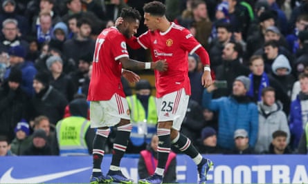 Jadon Sancho (right) celebrates with Fred after giving Manchester United the lead against the run of play.