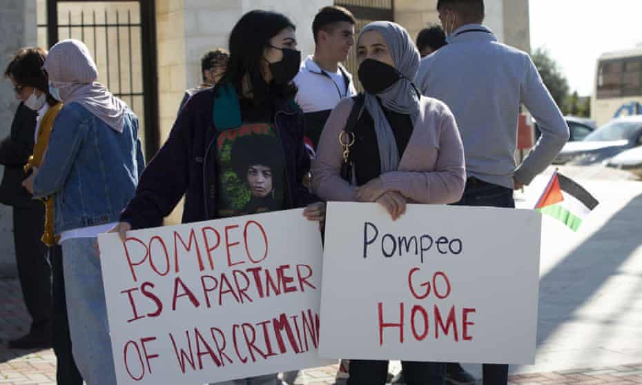 Palestinians protest against expected visit of the US Secretary of State Mike Pompeo to the Jewish settlement of Psagot.