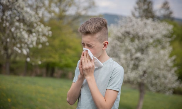 Boy blowing his nose suffering from pollen allergy outdoor