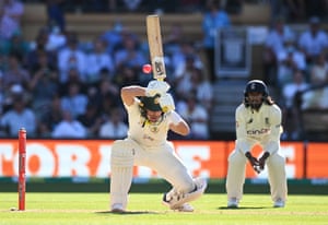 Australian batsman Marnus Labuschagne evades a bouncer by England bowler Ben Stokes.