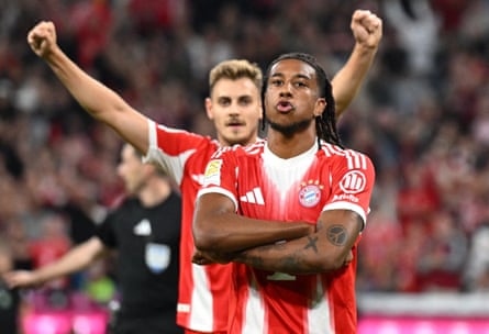 Michael Olise celebrates scoring for Bayern Munich against RB Leipzig in August 2025