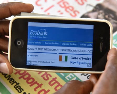 A phone screen shows the Ecobank website
