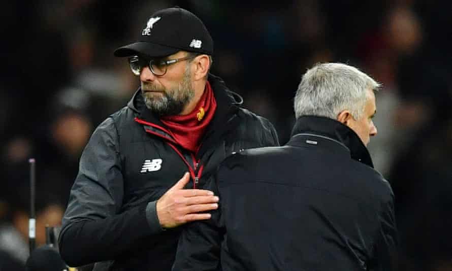 Klopp and Mourinho embrace after Liverpool’s 1-0 win at Tottenham in January.