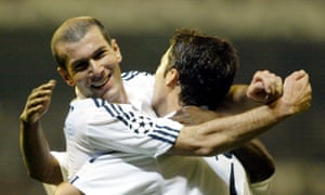 Raúl, right, hugs Zinedine Zidane after scoring in another Champions League encounter against Manchester United, in April 2003