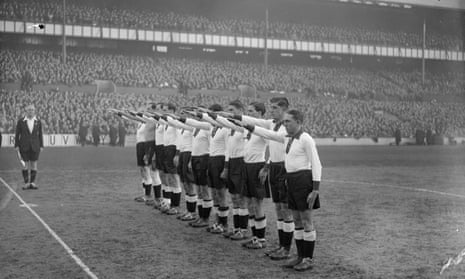 The Germany players give the Nazi salute before their match against England at White Hart Lane on 4 December 1935.