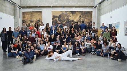 A manipulated photo of French art school students at a gallery