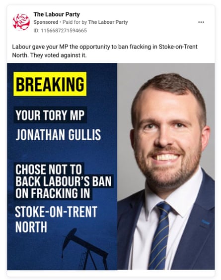 Publicité sur les réseaux sociaux du Labour sur la fracturation hydraulique