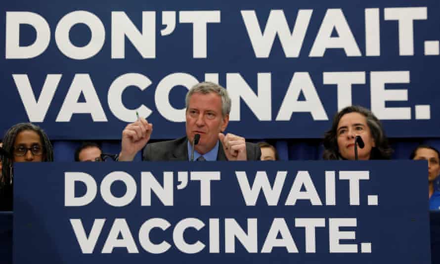 Mayor Bill de Blasio speaks during a news conference on 9 April declaring a public health emergency in parts of Brooklyn in response to a measles outbreak.