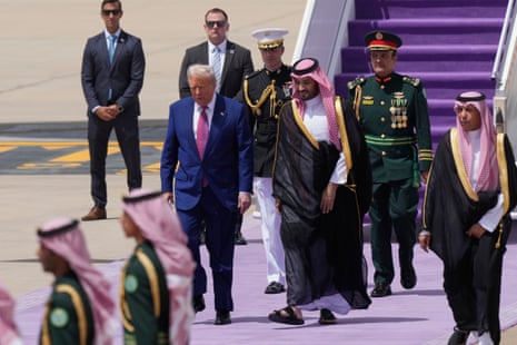 President Donald Trump walks with Saudi Crown Prince Mohammed bin Salman during an arrival ceremony at the Royal Terminal of King Khalid International Airport in Riyadh, Saudi Arabia.