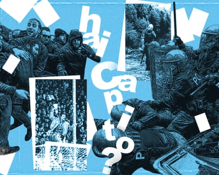 An illustration showing men fighting riot police against a light blue background.