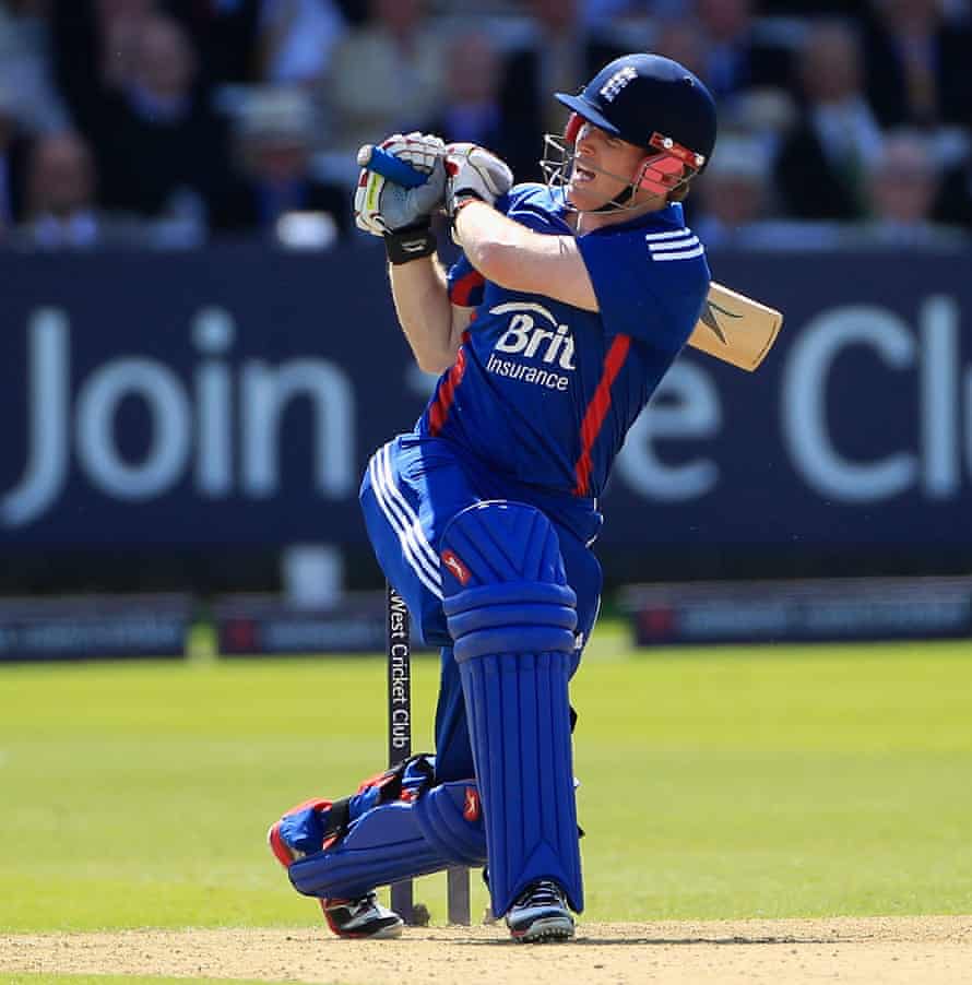Eoin Morgan hits out during his innings for England against Australia at Lord’s in 2012