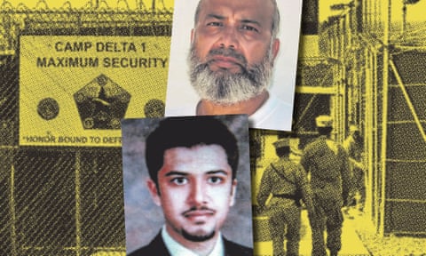 saifullah paracha (top) and uzair paracha (bottom) against pic of US camp at Guantanamo Bay