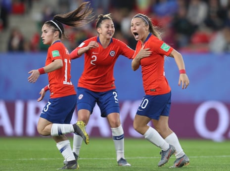 Yanara Aedo and Rocio Soto of Chile celebrate their side’s first goal.