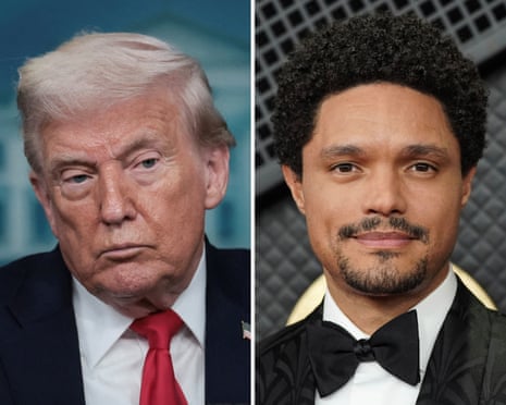 Donald Trump, left, launched a tirade on Truth Social following Trevor Noah’s joke at the Grammys