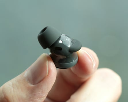 The Pixel Buds 2a showing the silicone earbud tip and stabiliser.