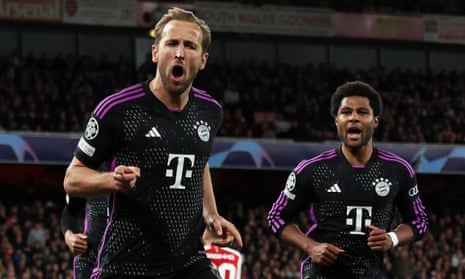 Bayern Munich's Harry Kane celebrates scoring their second goal with Serge Gnabry