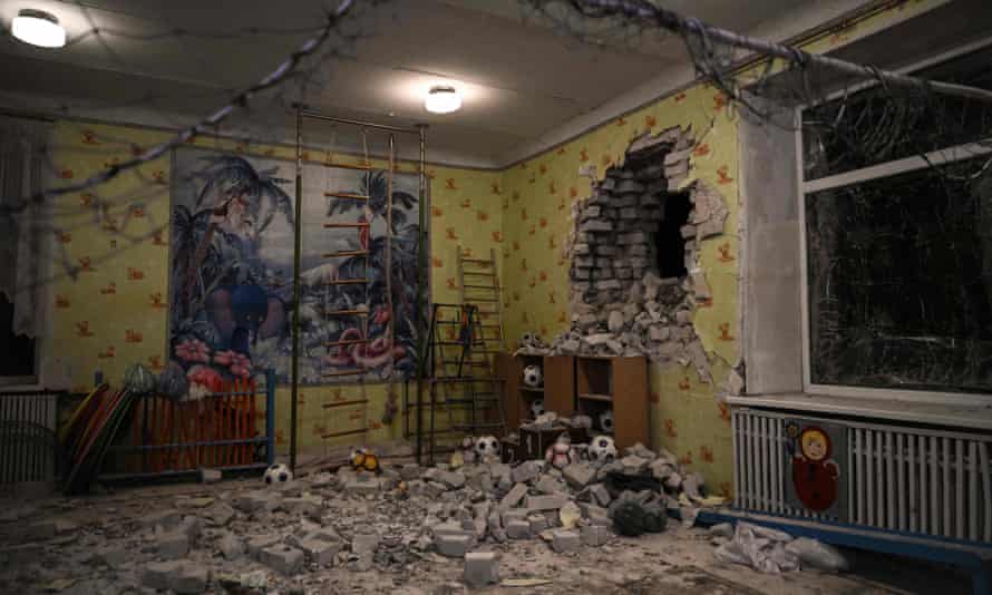 Debris after the reported shelling of a kindergarten in Stanytsia Luhanska, eastern Ukraine, on 17 February.
