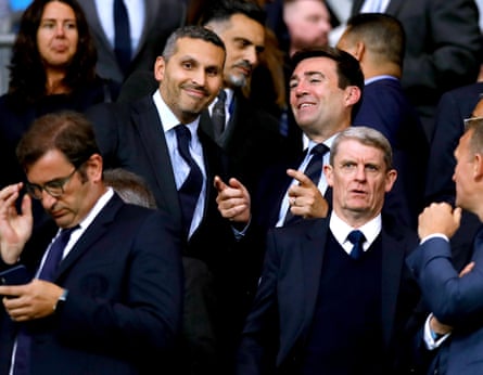 Andy Burnham with the Manchester City chair, Khaldoon al-Mubarak, at Vincent Kompany’s testimonial in 2019