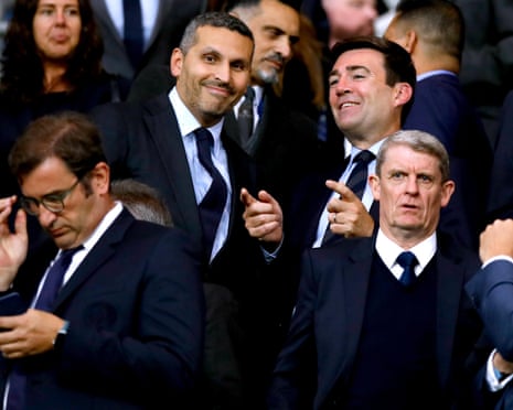 Andy Burnham in conversation with Manchester CityâÂÂs chair, Khaldoon Al Mubarak, at the Etihad Stadium in 2019.