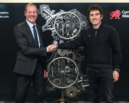 Tour de France general director Christian Prudhomme and Geraint Thomas during a press conference in Cardiff to announce the Welsh stage of the 2027 Grand Départ