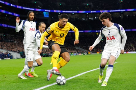 Borussia Dortmund's Jobe Bellingham attempts to go past Tottenham Hotspur's Archie Gray.