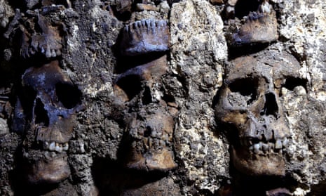 A photo shows parts of an Aztec tower of human skulls, believed to form part of the Huey Tzompantli, a massive array of skulls that struck fear into the Spanish conquistadores.