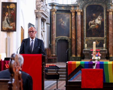 Friedrich Merz speaking at a memorial service for the victims of the Berlin Pride attack, St-Marien-Kirche, Berlin, 26 July 2026.