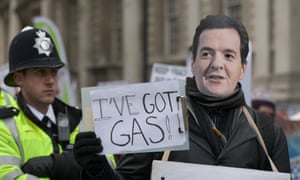 A fracking protest in Westminster targets George Osborne. A leaked letter shows three ministers wrote to the chancellor about making sure that nature protection laws did not impede fracking in the UK. 