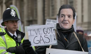 A fracking protest in Westminster targets George Osborne. A leaked letter shows three ministers wrote to the chancellor about making sure that nature protection laws did not impede fracking in the UK.