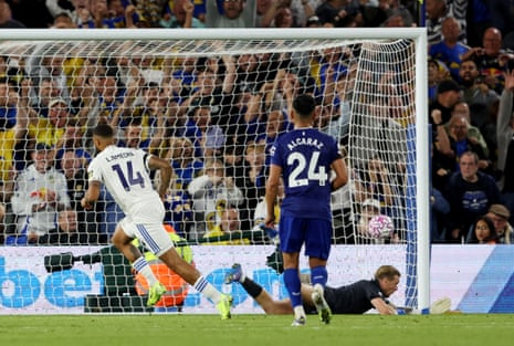 Leeds United's Lukas Nmecha scores their first goal from the penalty spot past Everton's keeper Jordan Pickford.