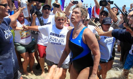 Long-distance swimmer Diana Nyad completes her swim from Cuba to Florida in 2013.