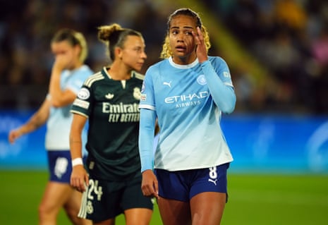 Mary Fowler reacts during the WomenâÂÂs Champions League draw with Real Madrid in Manchester CityâÂÂs first game since the verdict against the club was announced.