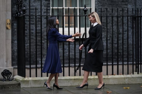 Olena Zelenska, the first lady of Ukraine (right), has been welcomed to Downing Street this afternoon by Rishi Sunak's wife, Akshata Murty.