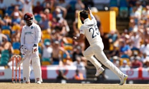 Saqib Mahmood celebrates taking the wicket of West Indies’ Nkrumah Bonner .